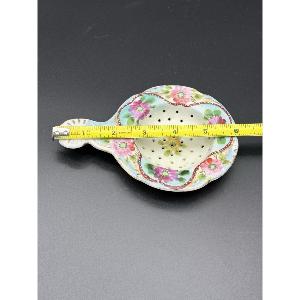 Antique Hand Painted Porcelain Tea Strainer Vibrant Pink Roses Gold Moriage Trim - Picture 7 of 8